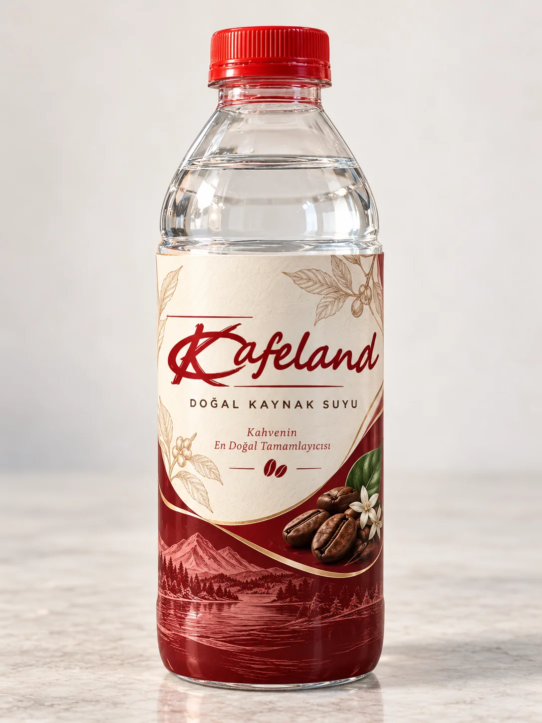 Kafeland için tasarlanmış özel etiketli hazır su şişesi mockup görseli